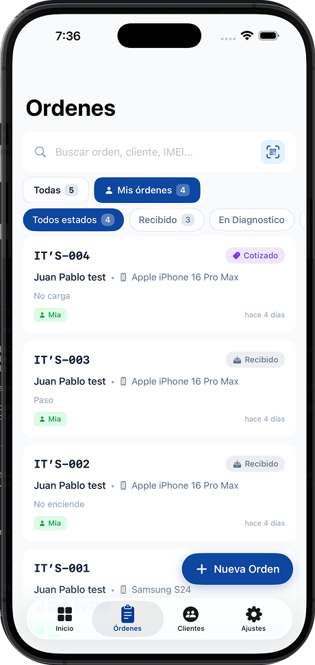 Lista de órdenes en Axer